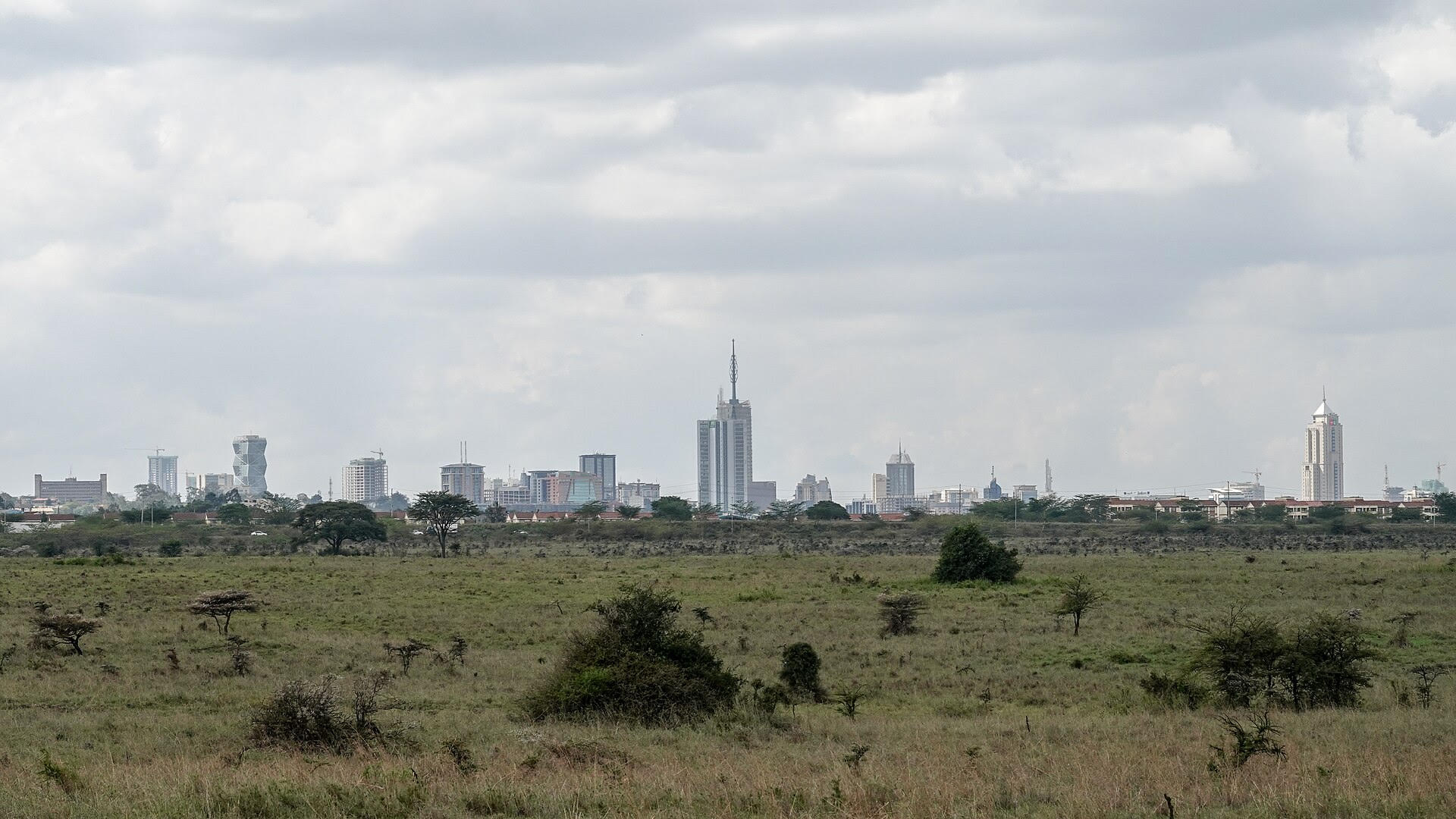 The Nairobi skyline rising beyond the grasslands of Nairobi National Park